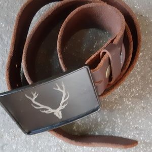 Cowhide Belt Hand Engraved Stag Metal Buckle New 46" L